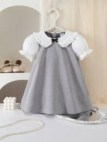 SHEIN 女婴可爱拼接彼得潘领蝴蝶结短袖连衣裙，学院风 - 灰色 - 查看 8