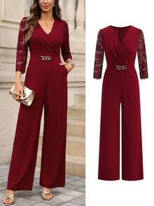 Editum Bộ jumpsuit nữ thanh lịch mới, cổ chữ V, thắt eo, chất liệu dệt kim co giãn, khóa kim loại trang trí và túi, phù hợp cho đi làm hàng ngày, công sở và nhiều dịp khác nhau. Trang phục ngày Valentine, trang phục mùa xuân, trang phục mùa hè, trang phục nghỉ xuân, trang phục lễ hội dành cho nữ. Phù hợp cho lễ hội mùa xuân/hè. Jumpsuit thanh lịch cho nữ, jumpsuit quần cho nữ, romper thanh lịch cho nữ, trang phục công sở thường ngày. - Màu Đỏ Sâu - Xem 5
