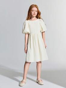 Maija Kids Maija Kids 少女杏色提花圆领泡泡袖优雅连衣裙 - 杏色 - 查看 4