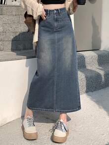 DAZY 女式长款牛仔A字裙、铅笔裙 - 中等水洗藍 - 查看 4
