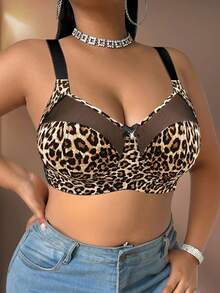 Bare Chapter Plus Size Women Leopard Print Patchwork Wireless Adjustable Strap Sexy Bra - Multicolor - View 4