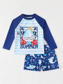 SHEIN Playful Pals 4-7岁男童卡通鲨鱼印花长袖泳衣套装，适合夏季海滩游泳 - 藍色 - 查看 8