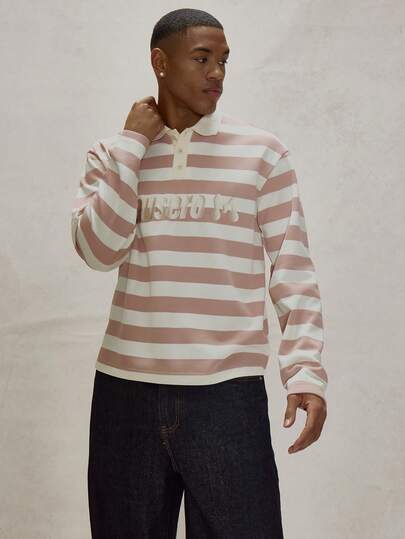  Long Sleeve Drop Shoulder Contrast Striped Collared Button Up Polo Style Shirt Musero M Branding Patch Embroidery Top Winter Essentials