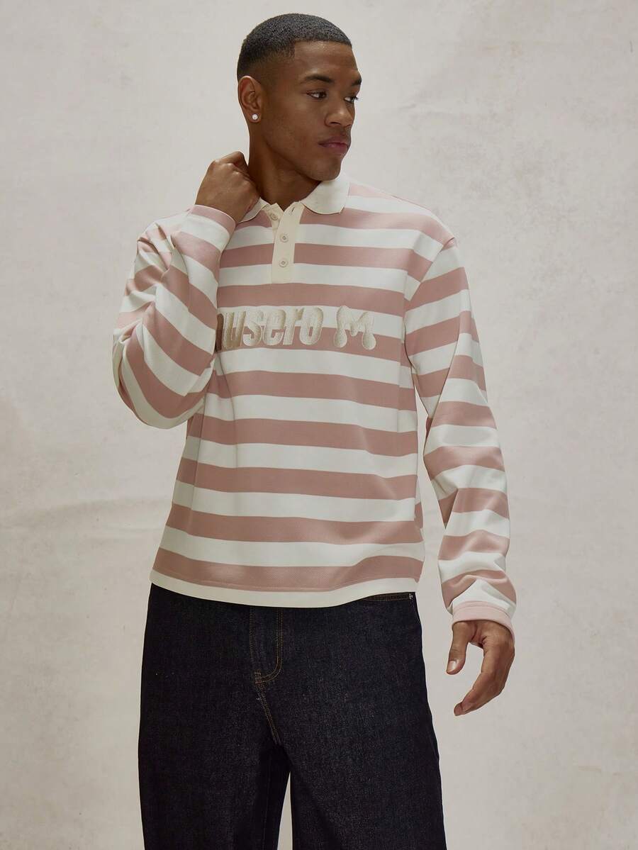 Long Sleeve Drop Shoulder Contrast Striped Collared Button Up Polo Style Shirt Musero M Branding Patch Embroidery Top Essentials Spring&Summer - Multicolor - View 1