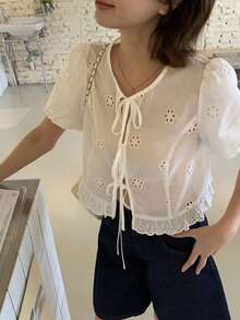 DAZY Women's Casual Round Neck Lace Tie-Up Short Sleeve Blouse - White - View 3