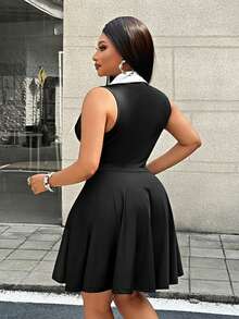 Maweii Plus Size Women's Color Block Square Neck Short A-Line Dress, Suitable For Commuting, Summer - Black and White - View 4