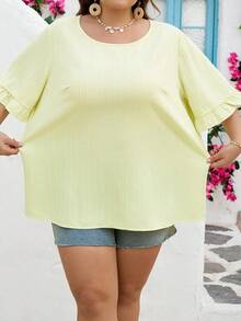 SHEIN CURVE+ Áo kiểu nữ cỡ US22, phong cách Bohemia, tay ngắn bèo nhún, vạt áo rộng rãi, thích hợp mặc hàng ngày và đi nghỉ mát, mùa hè, cỡ lớn, phong cách Boho, áo casual cho kỳ nghỉ hè/đồng quê/bãi biển. - Màu vàng - Xem 5