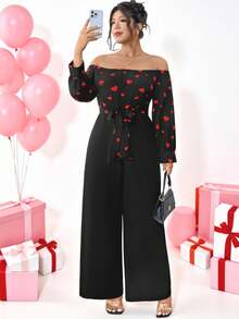 Elenzga Casual Plus Size Off The Shoulder Long Jumpsuit With Heart Print Three Quarter Length Sleeves And Belted Detail - Multicolor - View 5