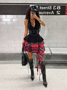 StreetHx 女士夏季时尚格子拼接露背吊带牛仔连衣裙 - 黑色 - 查看 7