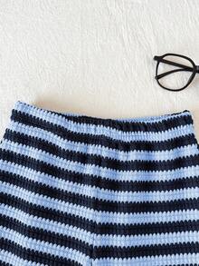 Tween Girl Casual Vacation Street Asymmetric Shoulder Textured Jacquard Striped Fitted Cropped T-Shirt And Matching Straight Leg Striped Knit Pants Set, Back To School Outfit - Blue - View 4