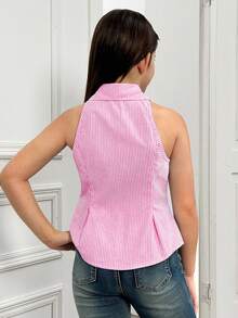 SHEIN Áo kiểu nữ tuổi teen dáng ôm, cổ bẻ, không tay, xếp ly, kẻ sọc, dáng chữ A, cài cúc phía trước, thích hợp cho kỳ nghỉ hoặc đi học. - Hồng - Xem 2