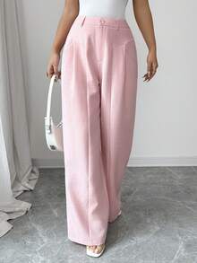 Elenzga Women's Spring/Summer Elegant Straight Leg Trousers With Pockets, Romantic Workwear Vacation Pants, Linen-Like Bamboo Crease Design, Regular Waist, Long Length, Pink - Pink - View 5