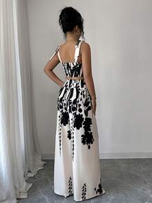 Elenzga Bộ đồ đi nghỉ mát 2 món: Áo hai dây in họa tiết Bohemian xanh trắng có dây buộc và quần ống đứng. - Nhiều màu - Xem 2