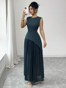 SHEIN Elenzya 女士橄榄绿面料拼接雪纺衬里圆领无袖褶裥肩部不对称下摆长连衣裙，优雅法式浪漫复古风格，适合通勤、商务、海滩、休闲、百搭、中东风情、婚礼、情人节、春夏等场合。 - 墨綠色 - 查看 5