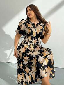 Firerie 大码女式碎花泡泡袖短裙，黄色碎花图案，适合海滩、约会、音乐节、派对、婚礼等场合，性感、优雅、通勤、返校、度假、浪漫 - 彩色 - 查看 4