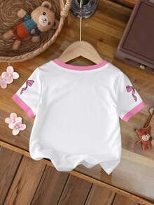 THE POWERPUFF GIRLS X SHEIN 女婴休闲日常通勤时尚街头可爱卡通字母蝴蝶结印花圆领短袖T恤 - 白色 - 查看 2