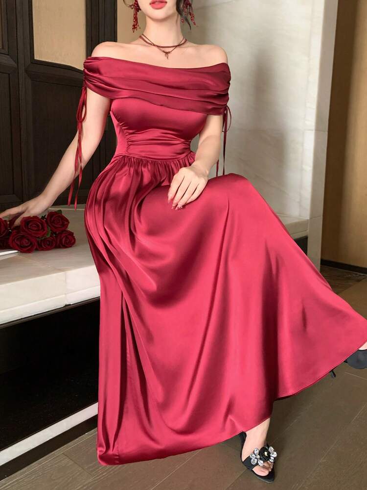 Women's Elegant Solid Color Draped Neck Ruched Tie Waist Mid-Length Dress, Summer Wedding Guest Dress Sundress Cocktail Dress