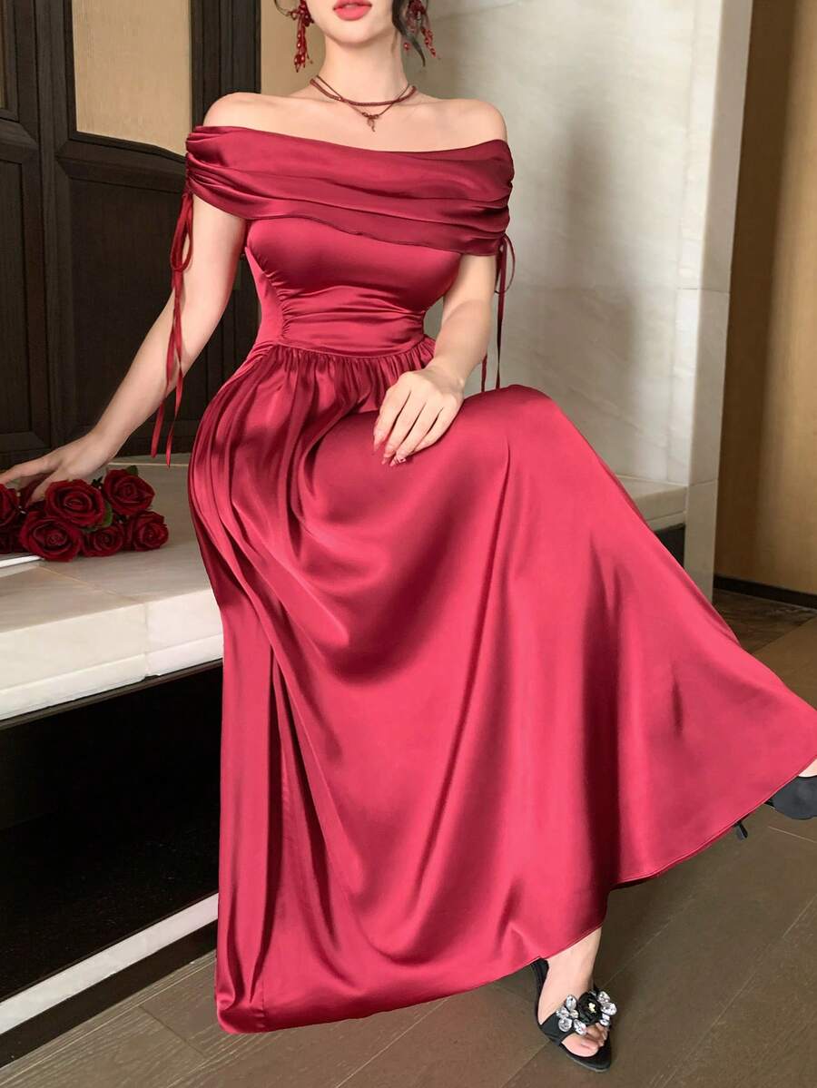DAZY Đầm dài ngang gối thanh lịch màu trơn dành cho nữ, cổ xếp ly, thắt eo, thích hợp làm đầm dự tiệc cưới mùa hè. - Màu Đỏ Sâu - Xem 1
