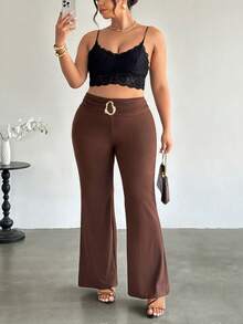 Firerie Quần legging ống loe cạp cao, màu trơn, cỡ lớn, đính kim loại. - Cà phê nâu - Xem 5