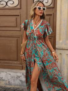 Brillora 春夏度假风梭织印花V领短袖连衣裙（女款） - 彩色 - 查看 8