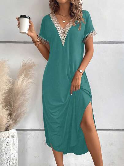 EMERY ROSE Vestido largo de mujer con panel de encaje guipur y abertura lateral en el muslo