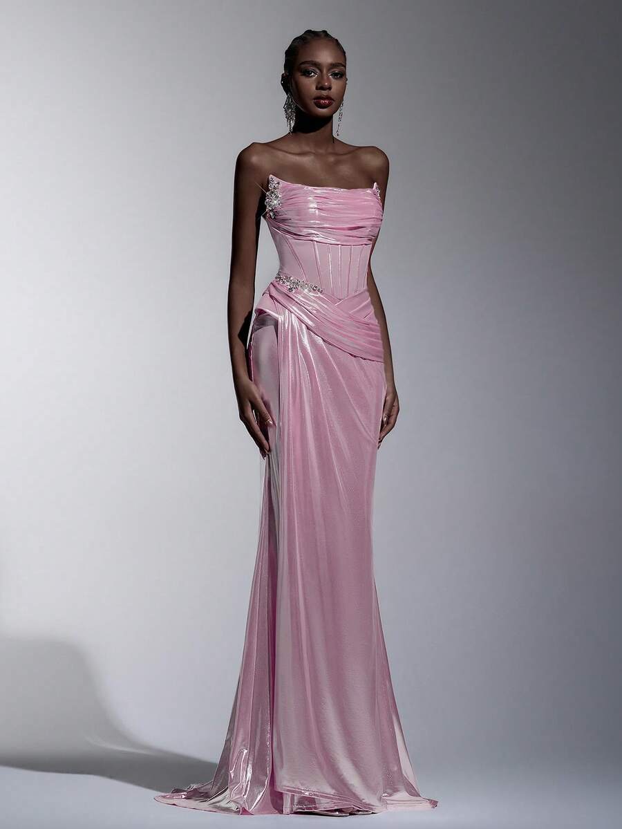 Elitara Elegant Luxury Knitted Coated Off-Shoulder U-Neck Fishbone Waist Ruched Fishtail Hem Maxi Dress, Suitable For Holiday Celebrations, Weddings, Galas, Concerts, Business Events, And Social Media Influencer Occasions - Pink - View 1