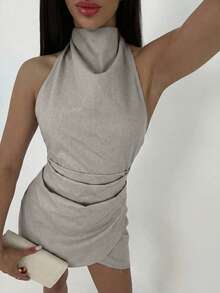 Aloruh Đầm mini xếp ly buộc dây tối giản hở lưng màu mơ dành cho nữ - trắng - Xem 5