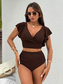 Swim Vcay Conjunto de traje de baño minimalista de unicolor para mujer, conjunto de dos piezas marrón, traje de baño marrón para mujer, conjunto de bikini marrón de cintura alta, conjunto de traje de baño marrón - Café integral - Ver 4