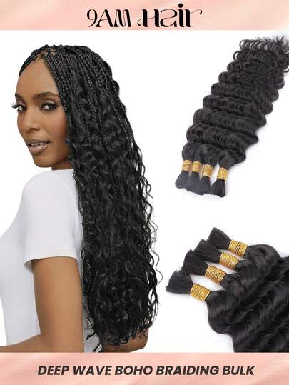  100% Human Braiding Hair For Boho Braids Deep Wave Curly Human Hair Braiding Hair 4 Bundles/Pack 95g Full Head Natural Black Bulk Human Hair Extension For Knotless Braiding Wet Wavy No Weft Pre Separated Braiding Hair Human Hair Extensions For Women