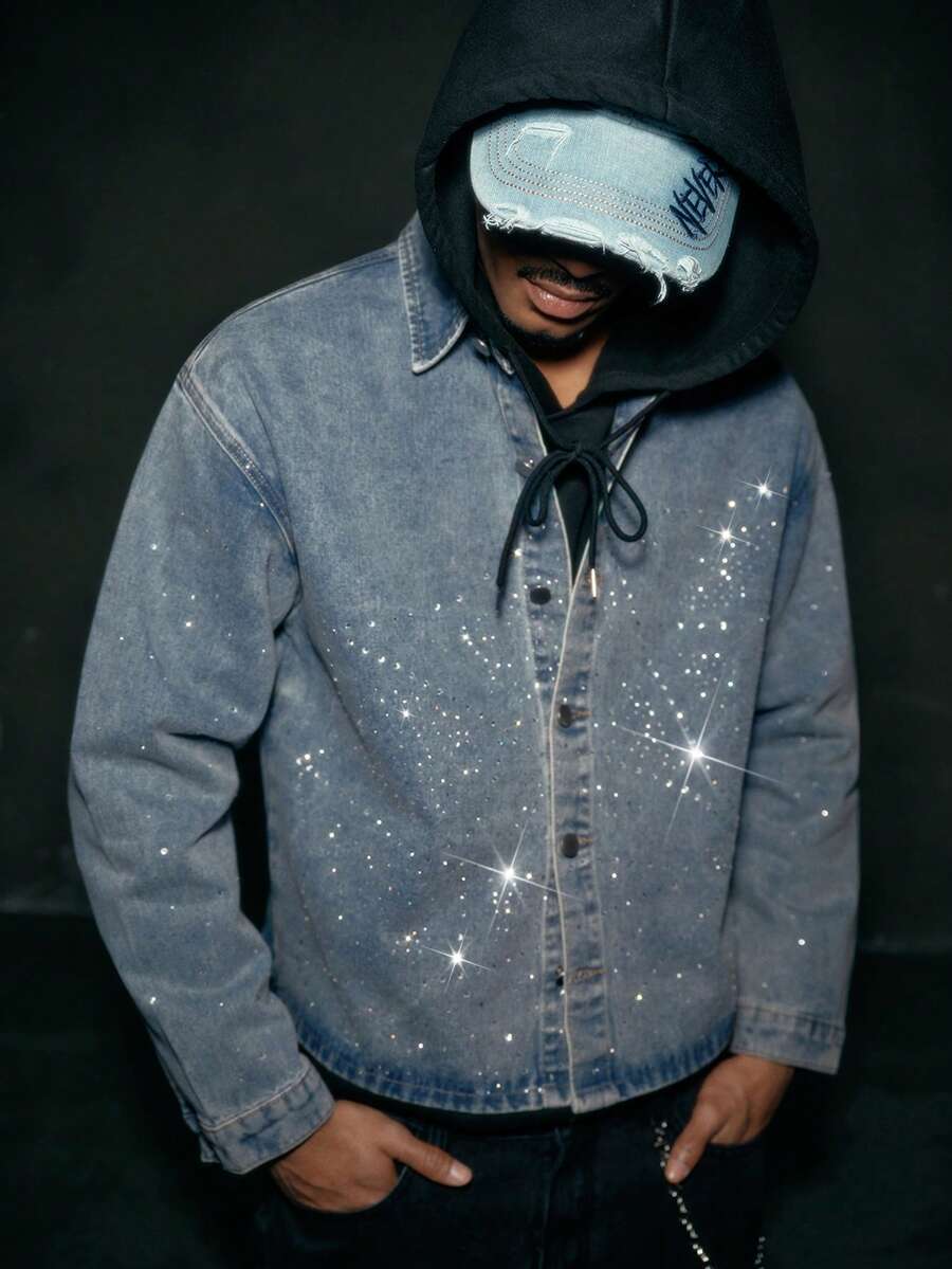 AXEPEAK Men's Washed Rhinestone Embellished Jacket, Fashionable Lapel Stylish Short Outerwear - Blue - View 1