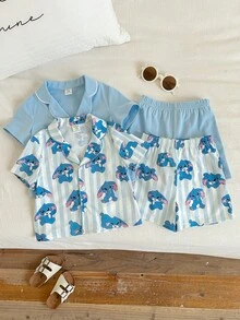 4件套男婴可爱卡通条纹兔子图案短袖针织睡衣套装，夏季休闲家居服套装 - 彩色 - 查看 5