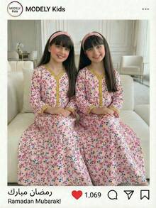 1-Piece Tween Girl Fashion Traditional Versatile Spring/Fall Pink Floral Print Gold Thread Embroidered V-Neck Long-Sleeve Maxi Dress - Multicolor - View 1