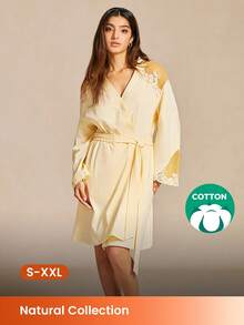 LUVLETTE Women Soft 100% Pure Cotton Luxurious Lace Trim Tie-Front Airy Loungewear Pajama Robe Lingerie - Yellow - View 1