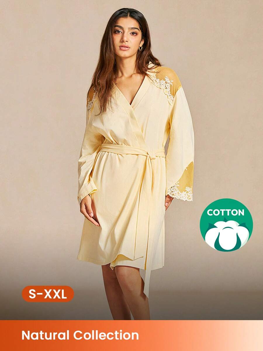 LUVLETTE Women Soft 100% Pure Cotton Luxurious Lace Trim Tie-Front Airy Loungewear Pajama Robe Lingerie - Yellow - View 1