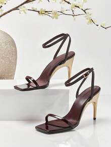 SHUZIA Women's Elegant Minimalist Square Toe Ankle Strap Stiletto Heel Sandals - Chocolate Brown - View 6