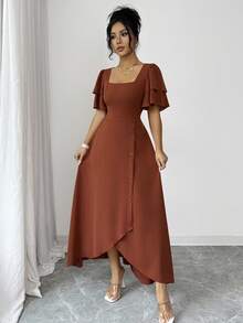 Rafferiza 女士法式方领修身荷叶边短袖连衣裙，复古不对称下摆纽扣设计，优雅百搭，适合通勤、约会、度假和外出穿着。 - 橘色 - 查看 7