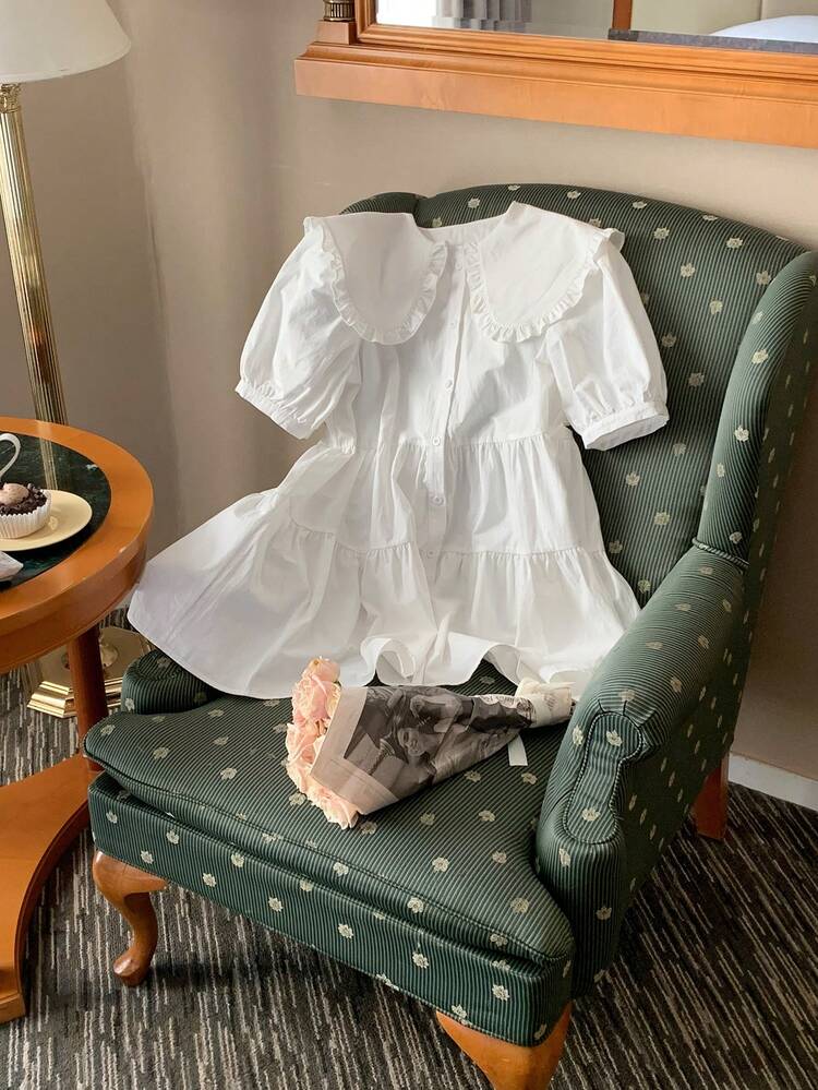 Women's Casual Sweet Solid Color Peter Pan Collar Ruffle Hem Short Dress Summer Sundress