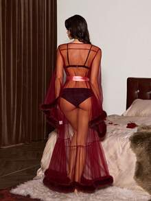 Slumberist Women's Burgundy Sheer Long Bell Sleeve Robe Sexy Mesh Plain Sleepwear With Spaghetti Strap - Burgundy - View 2