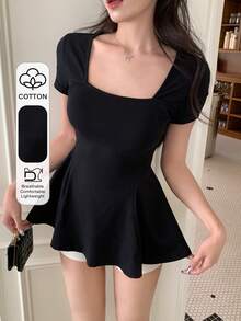 DAZY Women Solid Color Scoop Neck Ruffle Hem Casual Short Sleeve T-Shirt, Summer Preppy Tops Vacation Babydoll Top Cute Tops - Black - View 7