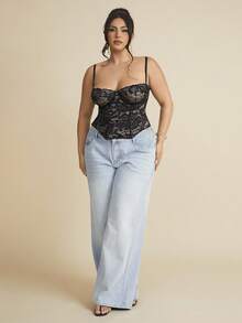 SHEIN CURVE+ 大码女式圣诞性感蕾丝透视吊带背心，适合派对、约会、通勤等场合。 - 黑色 - 查看 3