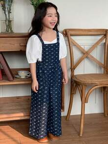 DAZY 年轻女孩休闲度假通勤碎花宽松阔腿牛仔连体裤 - 深色水洗藍 - 查看 5