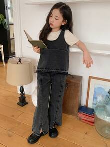 DAZY Young Girls Solid Color Washed Korean Style Shirt + Flared Korean Style Denim Jeans Set - Black - View 6