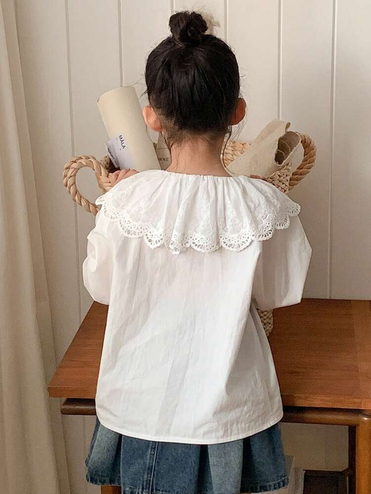Young Girls Lace Round Neck Long Sleeve Blouse, Spring/Autumn