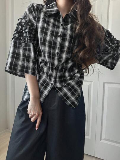 FRIFUL 女士休闲格子荷叶边衬衫，春夏款