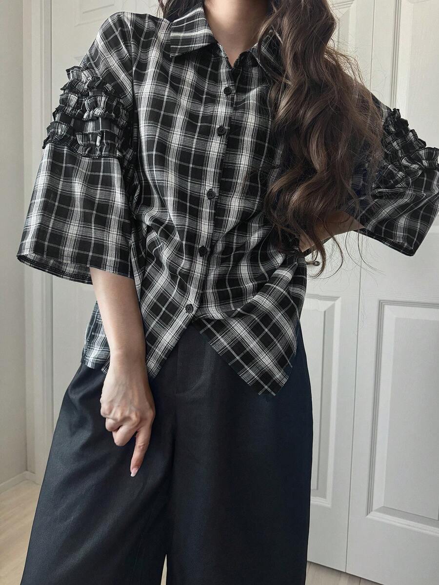 FRIFUL 女士休闲格子荷叶边衬衫，春夏款 - 黑與白 - 查看 1
