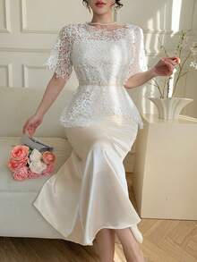 DAZY Women's Elegant Lace Sleeveless Dress With Belt, 2 Pieces Set, Summer - Beige - View 3