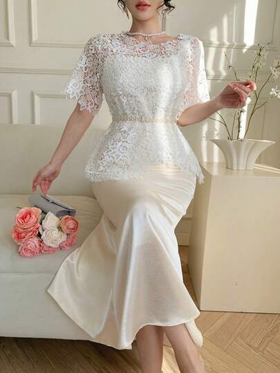 DAZY 女士优雅蕾丝无袖连衣裙，配腰带，两件套，夏季