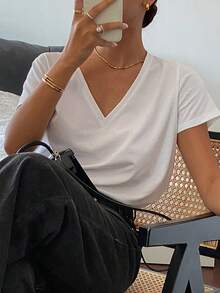 Livesso Women's Solid Color V-Neck Short Sleeve Casual Loose T-Shirt,Business Casual Women Preppy Tops - White - View 10