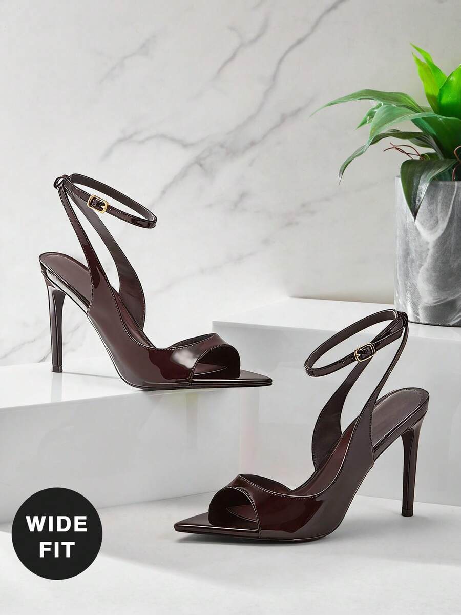 SHUZIA Giày sandal cao gót mũi nhọn, quai ngang mắt cá chân, dáng rộng dành cho nữ. - Cà phê nâu - Xem 1