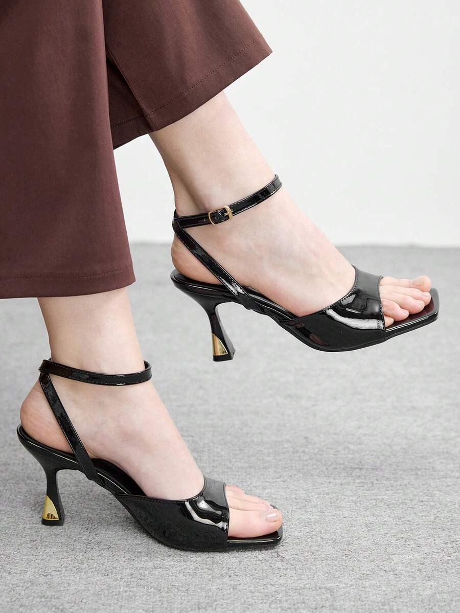 CUCCOO BIZCHIC 女士时尚性感黑色方头踝带高跟凉鞋，适合通勤、约会、派对、婚礼和假日场合。 - 黑色 - 查看 1